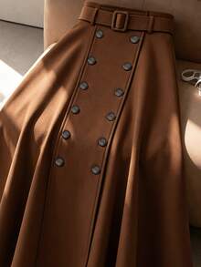 GlowEve Women's Vintage Elegant Button Decor Skirt - Coffee Brown - View 3