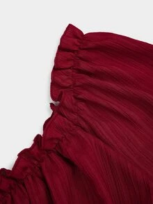 Sweetra Plus Size Women's Burgundy Textured Collar Cinched Waist Ruffle Tie Cuff Long Sleeve Blouse - Burgundy - View 6