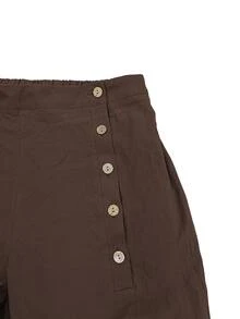 Linhara CURVE Plus Size Women's Brown Button-Front Design Elegant Casual Minimalist Versatile Elastic Waist Loose Wide Leg Pants Fall - Brown - View 6