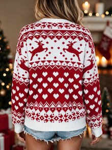 EMERY ROSE Women's All-Over Print Casual Versatile Daily Long Sleeve Sweater - Red - View 2