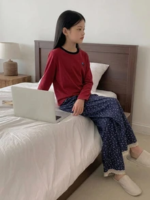 DAZY Tween女孩秋季圓領針織印花短袖T恤＋格紋睡褲居家休閒套裝 - 紅色 - 查看 4