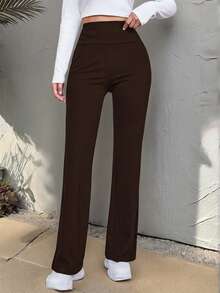 SHEIN EZwear 女款純色高腰休閒百搭長褲 - 棕色 - 查看 6