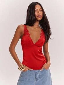 SHEIN BAE 黑色性感透視蕾絲拼接緞面細肩帶背心，適合性感上衣、夜店穿搭、約會、早午餐、郵輪旅行、上班，優雅且性感 - 紅色 - 查看 5