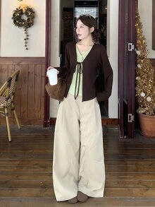 DAZY Women's Autumn/Winter Brown V-Neck Green 2 In 1 Patchwork Ribbed Knit Layered Casual Sweet Vintage Cardigan T-Shirt - Brown - View 3