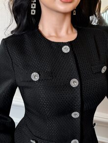 Feyla Women's Elegant Black Textured Fabric Rhinestone Button Decorated Slim Fit Jacket And Umbrella Skirt 2 Pieces Set - Black - View 6