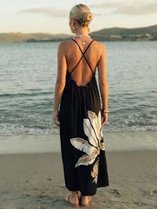 CAJUNI Chic Vacation Golden Palm Embroidery Elegant Open Back Maxi Dress - Black - View 5