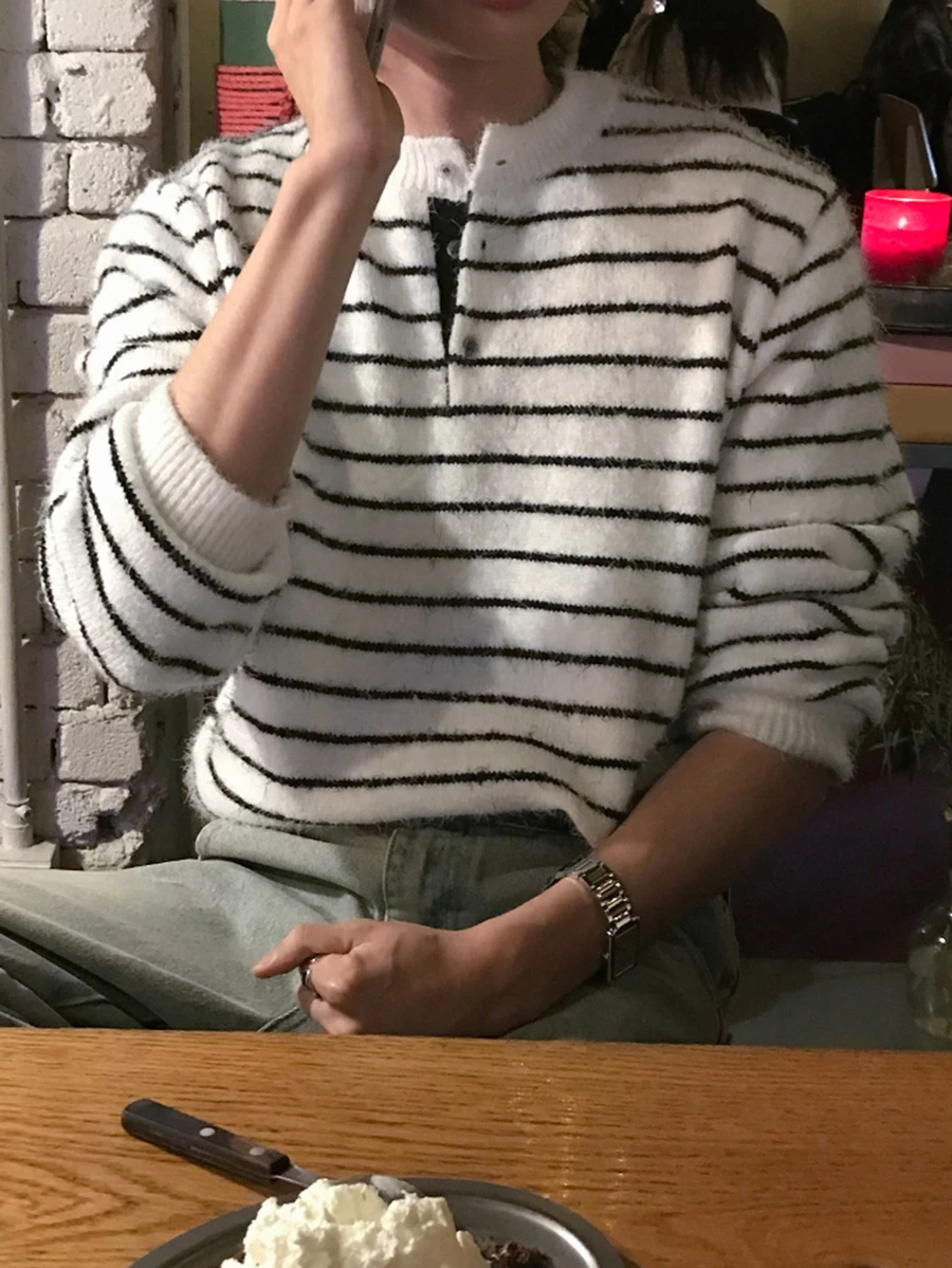 DAZY Men's Striped Crew Neck Half-Button Cardigan Sweater, Autumn/Winter - Multicolor - View 1