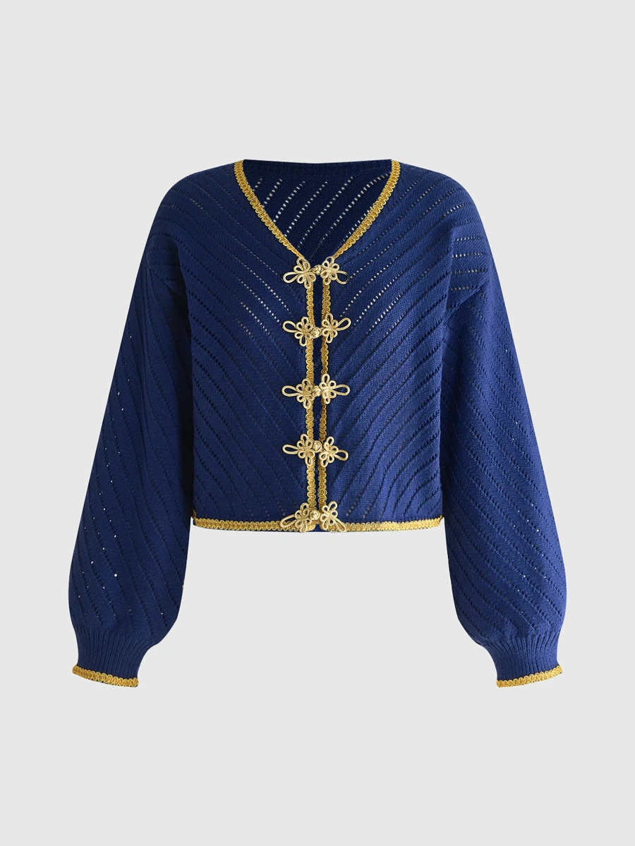 ROMWE Vintage Court Style Jacquard Woolen Navy Blue Contrast Gold Frog Button Women's Cardigan - Navy Blue - View 1