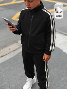 SHEIN 兒童青少年男孩休閒運動學院風側縫織帶飾邊立領前開襟拉鍊長袖外套與織帶袖口純色針織長褲兩件套，適合秋冬穿著 - 黑色 - 查看 5