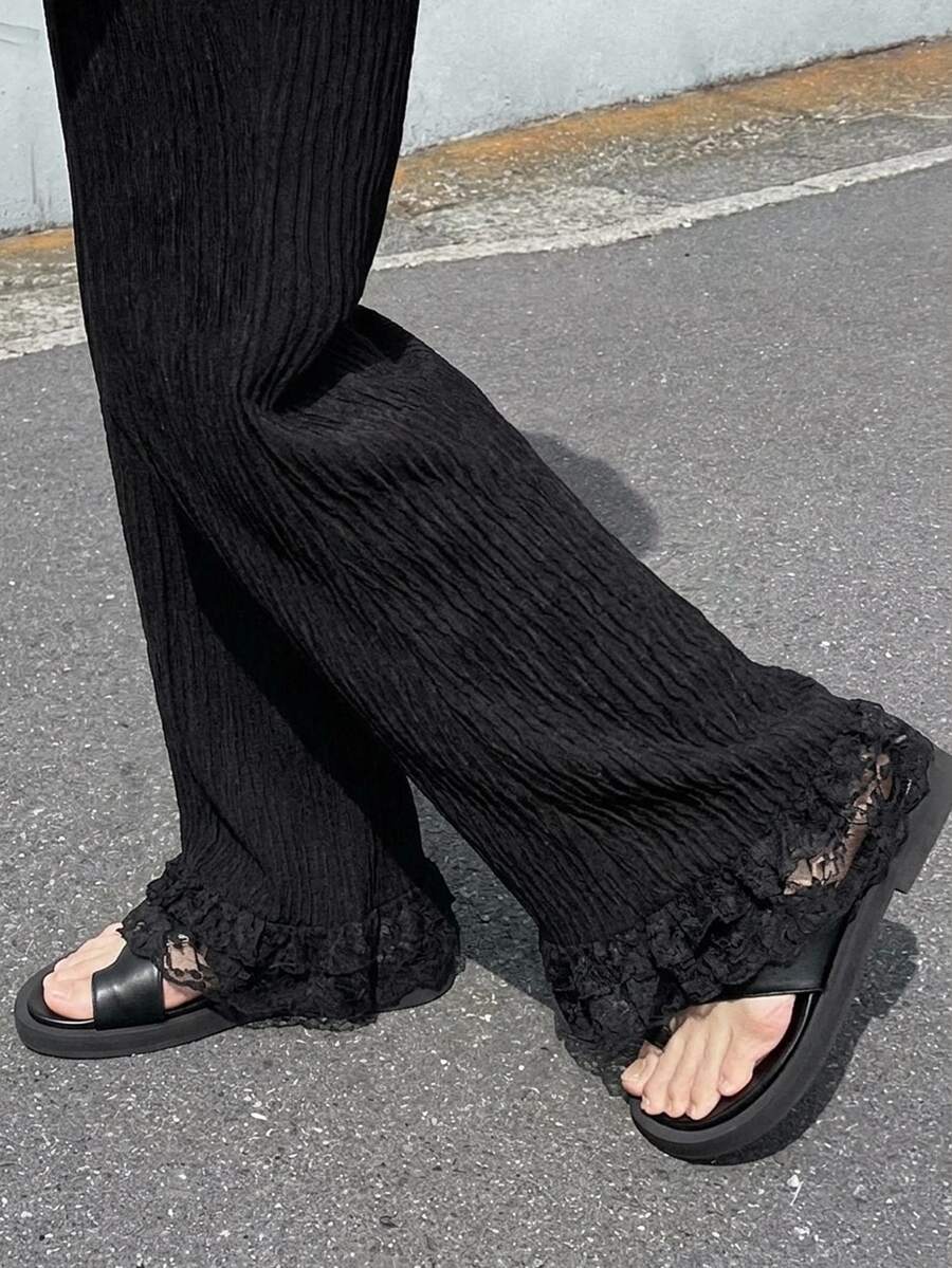 Dazy Plus Plus Size Women's Elastic Waist Fitted Contrast Lace Cuff Flare Pants - Black - View 1