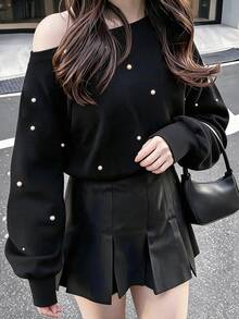 Dazy Plus Sweatshirt Hoodie Longgar Asimetris Model Bahu Asimetris Gaya Korea Baru Musim Gugur Awal dengan Hiasan Manik-manik - Hitam - View 4