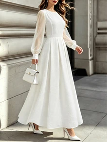 Velvienne Plus Size Women's Mesh Patchwork Pleated Casual Party Dress - White - View 6