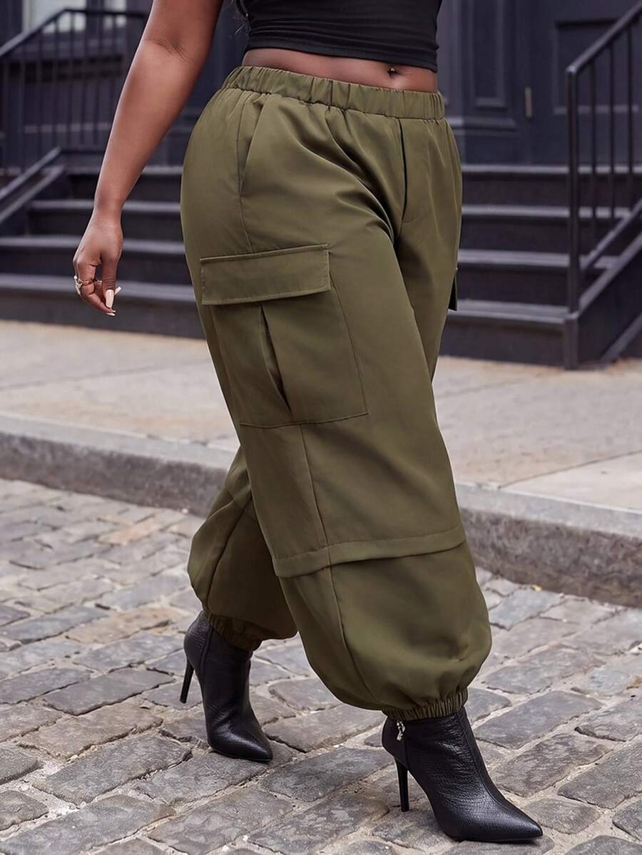 Slaydiva Plus Size Convertible Cargo Parachute Pants, Detachable Leg MultiPocket Baggy Streetwear Trousers
