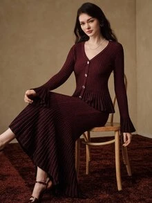 Anewsta Women's Autumn/Winter V-Neck Rhinestone Button Colorblock Ruffle Knit Sweater & Mermaid Skirt 2 Pieces Set - Red Violet - View 2