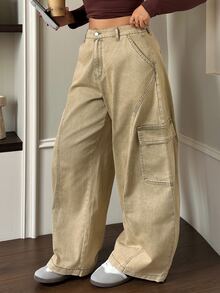 Dazy Plus Vintage Washed Denim Side Pocket Heavy-Duty Curved Leg Jeans, Blogger Casual Streetwear All-Season Style - Khaki - View 7