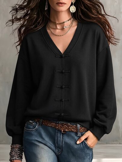 SHEIN Kadın Yeni Sonbahar Çin Tarzı Kurbağa Düğmeli V Yaka Kısa Sweatshirt, Vintage Milli Stil Uzun Kollu Kısa Ceket, Bol Günlük Üst