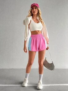 SHEIN Sovereign Charm 條紋拼接側開衩運動短褲 - 彩色 - 查看 4
