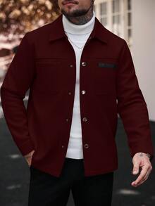 Manfinity CasualCool 男士純色休閒長袖大衣，適合秋冬穿著，灰色鈕扣開襟大衣 - 酒紅色 - 查看 5