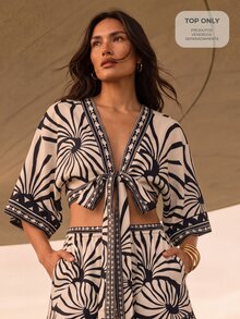 CAJUNI V-Neck Blouse With Sleeves, Front Tie, Elegant Summer Blouse, Maxi Shell Print - Black and White - View 1