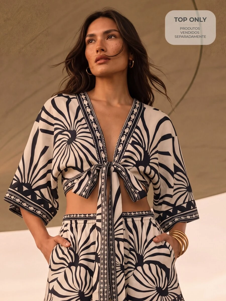 CAJUNI V-Neck Blouse With Sleeves, Front Tie, Elegant Summer Blouse, Maxi Shell Print - Black and White - View 1