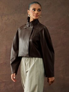 Hauture Women's Streetwear Button Long Sleeve PU Material Jacket - Brown - View 5