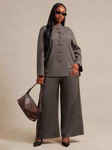 SHEIN SXY Brown Chinese Style Long Sleeve Frog Button Shirt And Pants 2 Pieces Set Fall - Brown - View 4