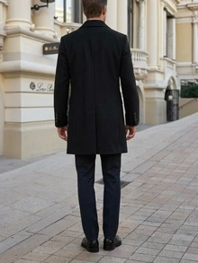 DAZY Men's Mid-Length Double-Breasted Lapel Overcoat With Matching Lining, Autumn/Winter Commuter Style - Black - View 2
