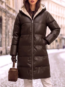 SHEIN Clasi 女款純色長袖前開拉鍊保暖內裡連帽冬季夾克 - 咖啡棕 - 查看 3