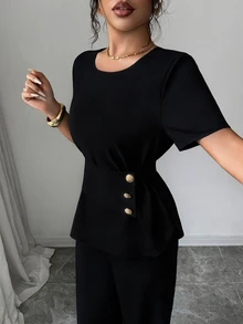 Selianne Ladies' Summer Commuter Set, Waist Cinching Button-Up Top + Elastic Waist Wide-Leg Pants, Commuter Office Green Belt Pocket Two Pieces Set - Black - View 6