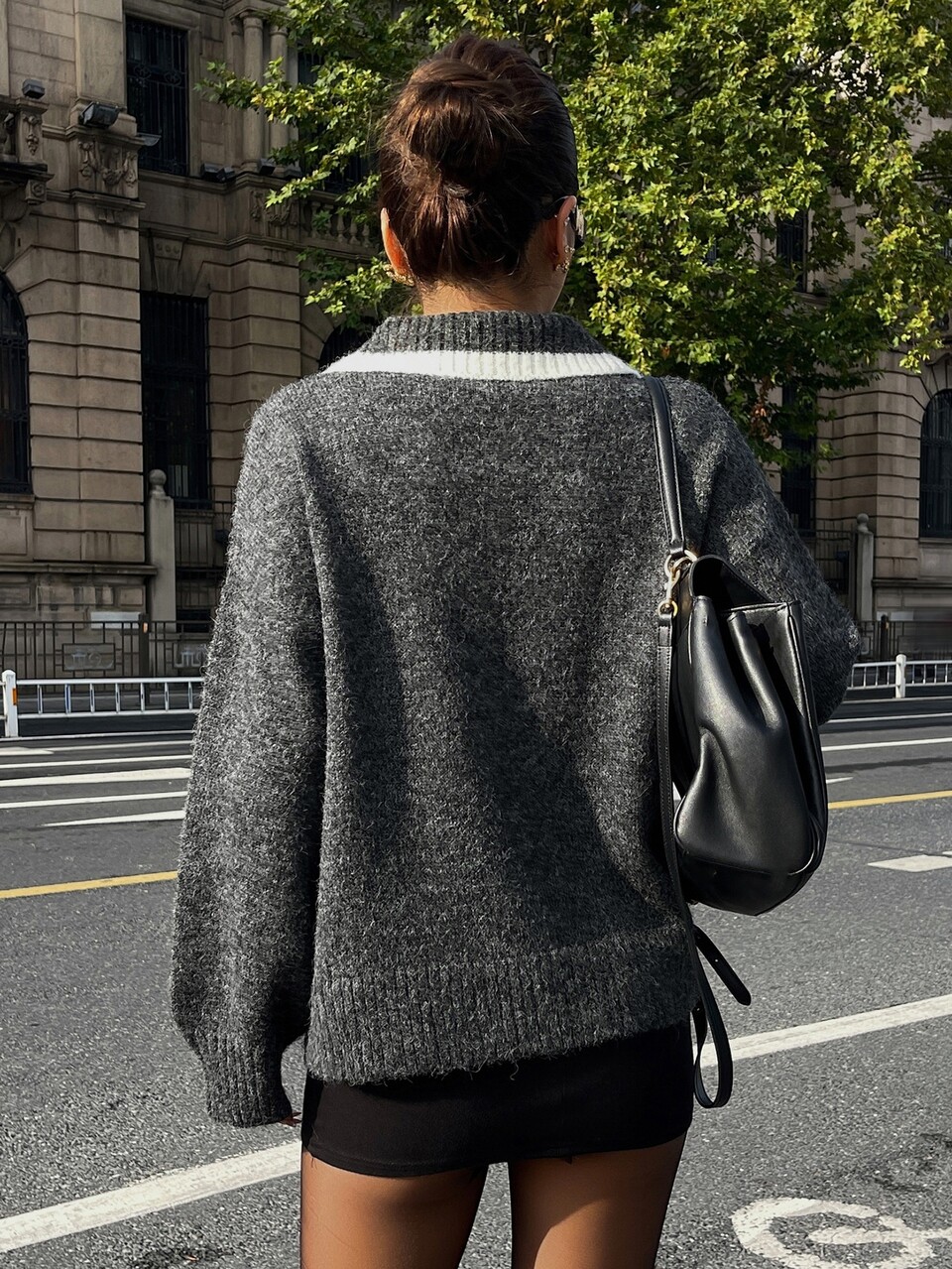 Women's Gray Knit Pullover Sweater With Pattern Print, Loose Fit, Dropped Shoulder, Long Sleeve, Casual Versatile