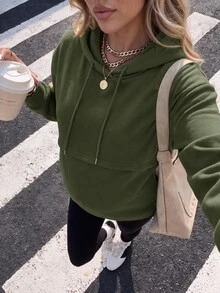 SHEIN 孕婦純色長袖休閒抽繩連帽哺乳衛衣 冬季 - 軍綠色 - 查看 4