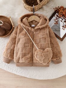 Elladie kids 女童春夏/秋冬毛絨連帽外套，格紋紋理抓絨拉鍊外套，搭配同款愛心造型斜挎包，可愛休閒外套，適合女童日常出遊、家庭旅行與拍照 - 卡其色 - 查看 10