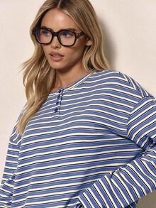 MUSERA Stripe Drop Shoulder Oversized Long Sleeve Button Neck - Blue and White - View 3