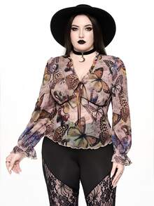 ROMWE Fairycore Vintage Vacation Butterfly Print Front Tie Frill Trim Plus Size Women's Top - Multicolor - View 5
