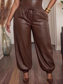Slaydiva Plus Size Women's Solid Color PU Leather Casual Versatile Long Pants - Brown - View 4