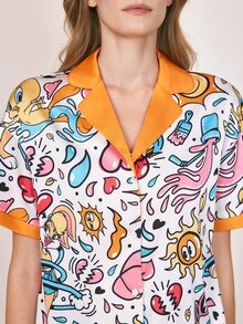 LOONEY TUNES X SHEIN Women's All-Over Print Short Sleeve Top And Shorts Casual Daily Home Sleepwear Set - Orange - View 6