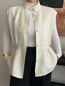 Dazy Plus Small Stand Collar Sleeveless Cinched Waist Tie Casual Loose Regular Fit Jacket - Beige - View 3