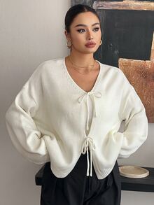 Dazy Plus Autumn/Winter Bowknot V-Neck Loose Lazy Soft Cardigan New Sweater - White - View 5