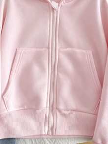 SHEIN Tween女孩寬鬆休閒基礎極簡舒適街頭風連帽修身前短款長袖冬季夾克 白色秋季 - 粉色 - 查看 4