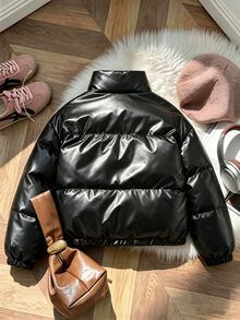 SHEIN (少女) 黑色亮面短立領加厚內裡棉襖外套，冬季加厚保暖棉襖 - 黑與白 - 查看 2