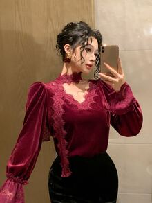 DAZY Women's Loose Blouse With Eyelash Lace Trim, Ribbon And Bell Sleeves - Burgundy - View 1