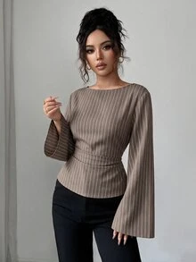 Siren Gaze 女款優雅條紋船領喇叭袖荷葉邊上衣，秋季辦公通勤時尚修身襯衫，商務休閒通勤上衣 - 卡其色 - 查看 7