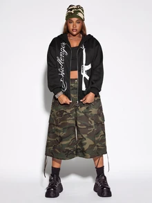 ROMWE Grunge Punk Plus Size Women's Letter Print Long Sleeve Zip-Up Hooded Sweatshirt - Black - View 4