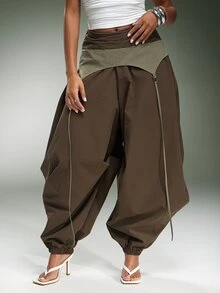 Denimoi Contrast Panel Foldover Oversized Balloon Pants - Brown - View 2