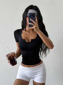 Coolane Women's Summer Fall Sport Stretchy Comfortable Streetwear Rib Knit Slim Fit Notched Black T-Shirt - Black - View 3