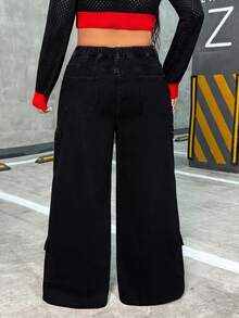 SHEIN Unity Plus Size Fashion Button Pocket Cargo Denim Jeans - Black - View 7
