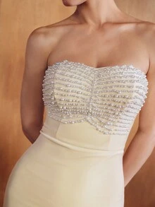 MOTF PREMIUM WOMEN'S AUTUMN/WINTER JEWELRY DESIGN ELEMENT BUSINESS COCKTAIL STRAPLESS LONG DRESS - Apricot - View 4