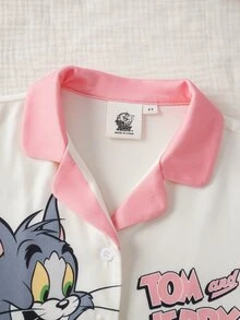 TOM & JERRY X SHEIN Young Girl Letter Cartoon Print Short Sleeve Top And Shorts Casual Daily Home Pajama Set - Baby Pink - View 3
