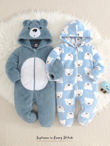 Cozy Pixies 2件組男嬰卡通熊圖案休閒日常舒適毛絨連帽冬季連身衣套裝，2款各1件 - 藍色 - 查看 10
