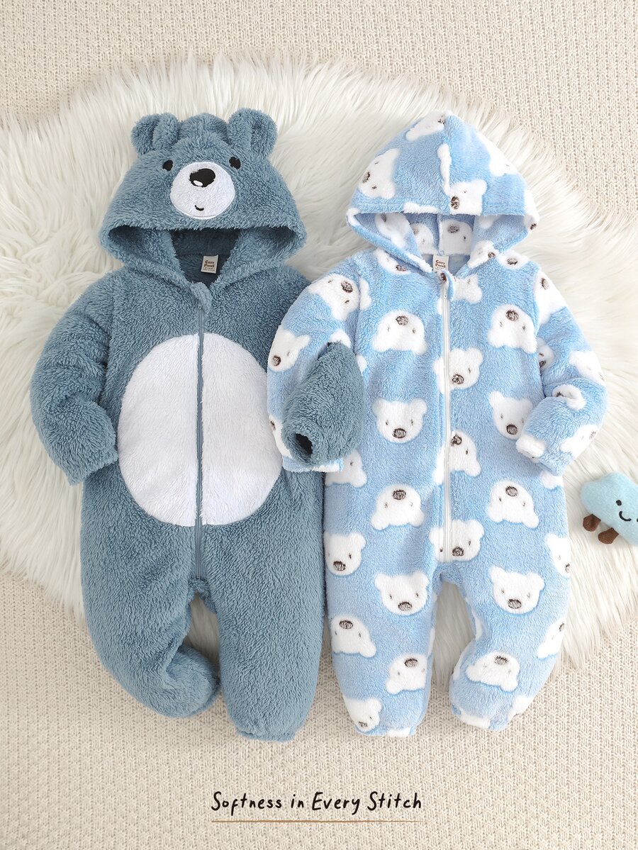 Cozy Pixies 2pcs Kids Baby Boy Cartoon Bear Pattern Casual Daily Comfortable Plush Hooded Winter Romper Set, 2 Styles 1 Each - Blue - View 1